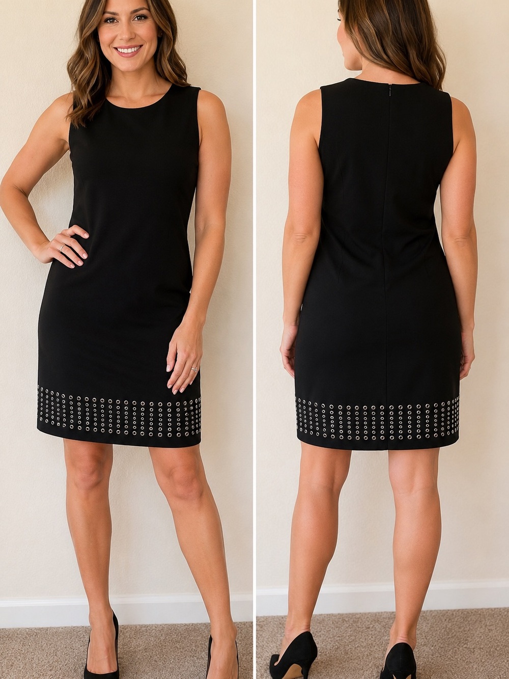 Calvin Klein Black Studded Hem Sheath Dress Sleeveless Career Cocktail Size 10